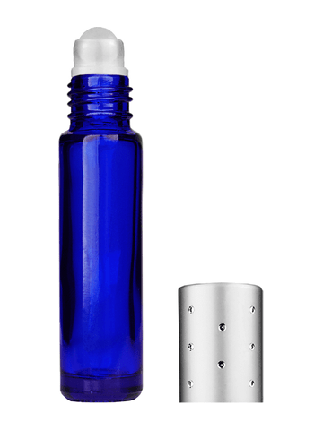 Cylinder design 9ml,1/3 oz Cobalt blue glass bottle with plastic roller ball plug and silver dot cap.