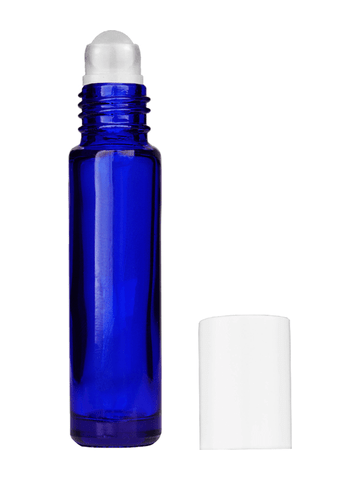 Cylinder design 9ml,1/3 oz Cobalt blue glass bottle with plastic roller ball plug and white cap.