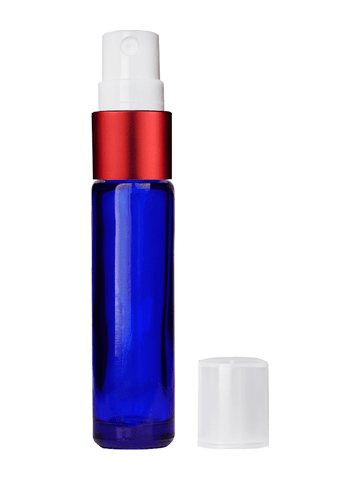 Cylinder design 9ml,1/3 oz Cobalt blue glass bottle with fine mist sprayer with red trim and plastic overcap.