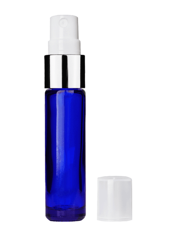 Cylinder design 9ml,1/3 oz Cobalt blue glass bottle with fine mist sprayer with shiny silver trim and plastic overcap.