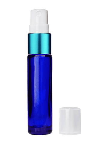 Cylinder design 9ml,1/3 oz Cobalt blue glass bottle with fine mist sprayer with turquoise trim and plastic overcap.