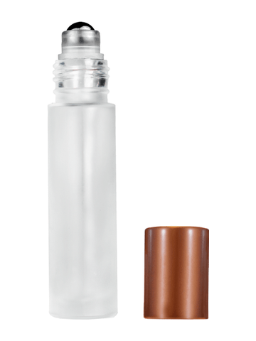 Cylinder design 9ml,1/3 oz frosted glass bottle with metal roller ball plug and matte copper cap.