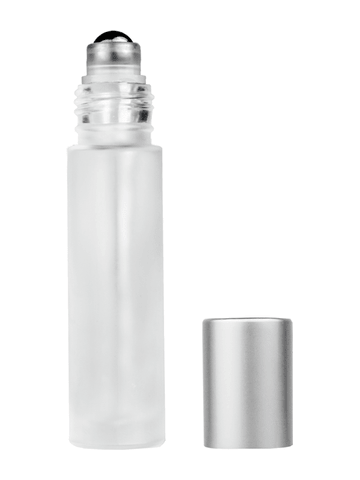 Cylinder design 9ml,1/3 oz frosted glass bottle with metal roller ball plug and matte silver cap.