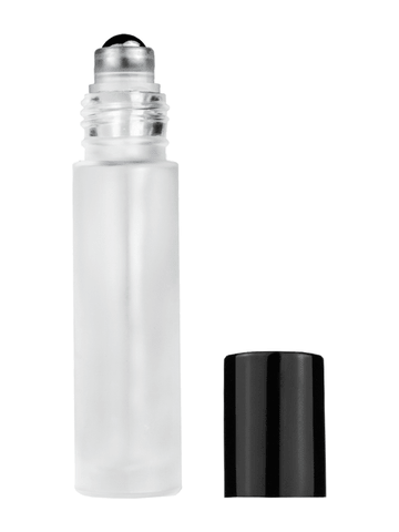 Cylinder design 9ml,1/3 oz frosted glass bottle with metal roller ball plug and shiny black cap.