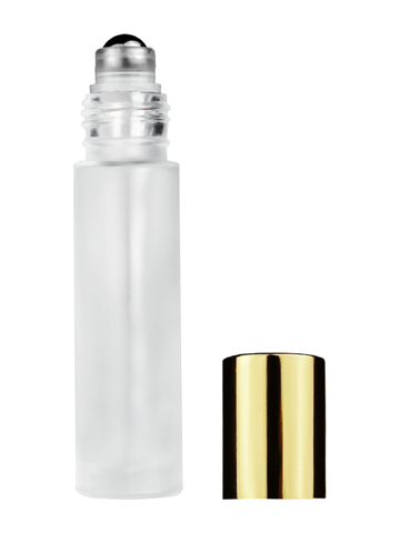 Cylinder design 9ml,1/3 oz frosted glass bottle with metal roller ball plug and shiny gold cap.