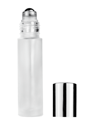 Cylinder design 9ml,1/3 oz frosted glass bottle with metal roller ball plug and shiny silver cap.