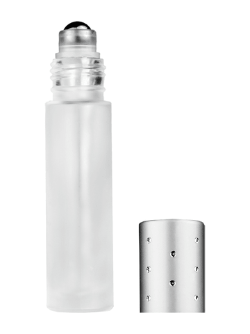 Cylinder design 9ml,1/3 oz frosted glass bottle with metal roller ball plug and silver dot cap.
