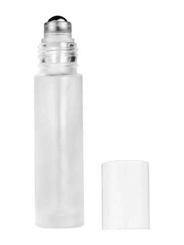 Cylinder design 9ml,1/3 oz frosted glass bottle with metal roller ball plug and white cap.