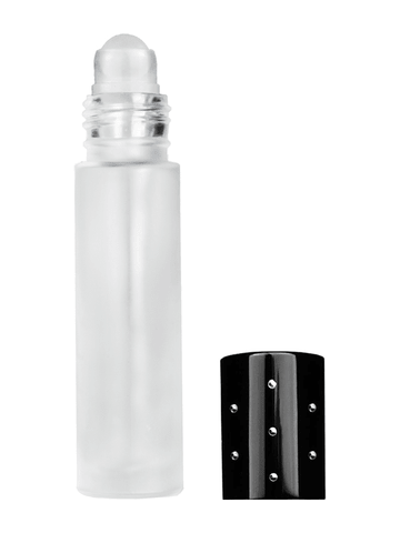Cylinder design 9ml,1/3 oz frosted glass bottle with plastic roller ball plug and black dot cap.