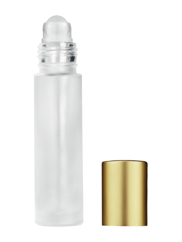 Cylinder design 9ml,1/3 oz frosted glass bottle with plastic roller ball plug and matte gold cap.