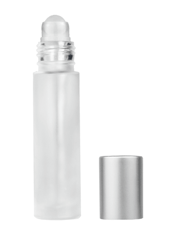 Cylinder design 9ml,1/3 oz frosted glass bottle with plastic roller ball plug and matte silver cap.