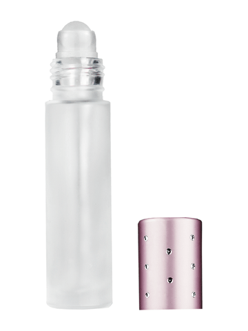 Cylinder design 9ml,1/3 oz frosted glass bottle with plastic roller ball plug and pink dot cap.
