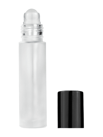 Cylinder design 9ml,1/3 oz frosted glass bottle with plastic roller ball plug and shiny black cap.
