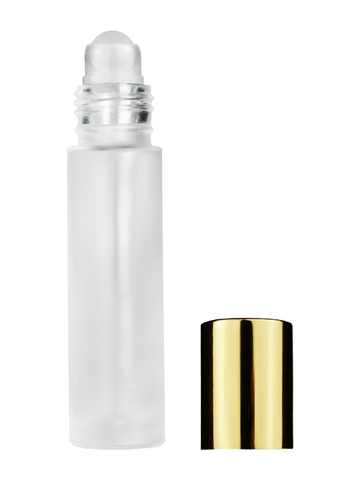 Cylinder design 9ml,1/3 oz frosted glass bottle with plastic roller ball plug and shiny gold cap.