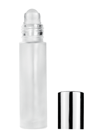 Cylinder design 9ml,1/3 oz frosted glass bottle with plastic roller ball plug and shiny silver cap.