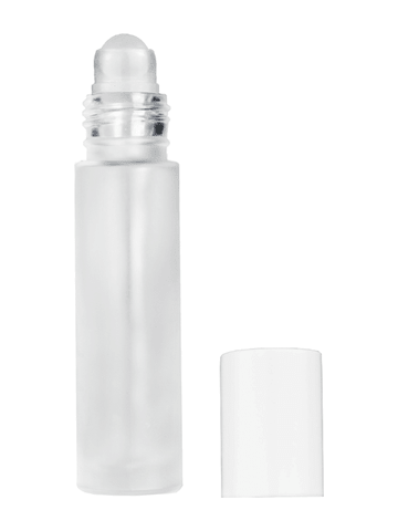 Cylinder design 9ml,1/3 oz frosted glass bottle with plastic roller ball plug and white cap.