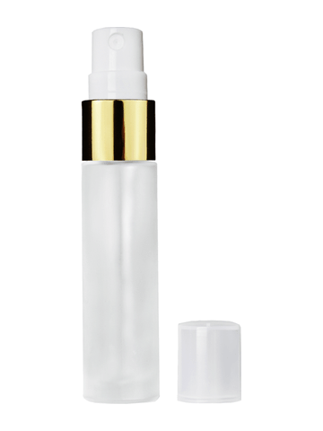 Cylinder design 9ml,1/3 oz frosted glass bottle with fine mist sprayer with gold trim and plastic overcap.