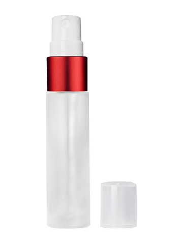Cylinder design 9ml,1/3 oz frosted glass bottle with fine mist sprayer with red trim and plastic overcap.
