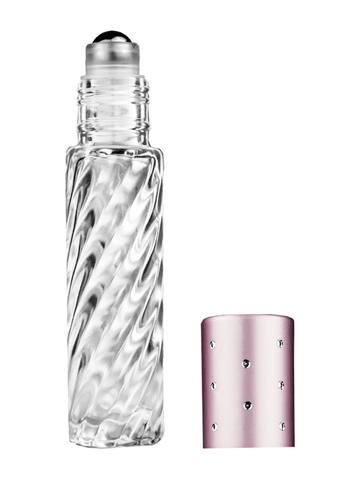 Cylinder swirl design 9ml,1/3 oz glass bottle with metal roller ball plug and pink dot cap.