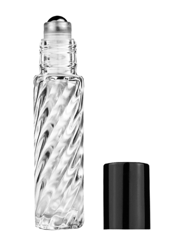 Cylinder swirl design 9ml,1/3 oz glass bottle with metal roller ball plug and shiny black cap.