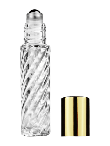 Cylinder swirl design 9ml,1/3 oz glass bottle with metal roller ball plug and shiny gold cap.