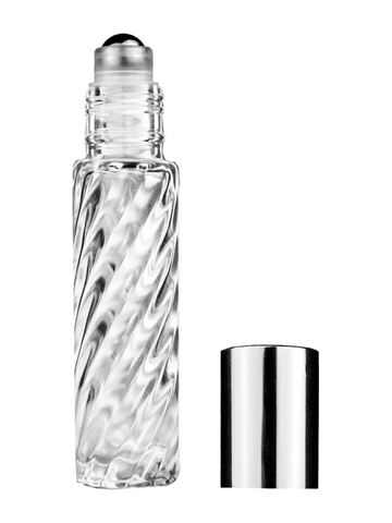 Cylinder swirl design 9ml,1/3 oz glass bottle with metal roller ball plug and shiny silver cap.