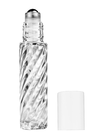 Cylinder swirl design 9ml,1/3 oz glass bottle with metal roller ball plug and white cap.