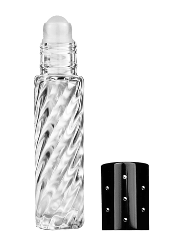 Cylinder swirl design 9ml,1/3 oz glass bottle with plastic roller ball plug and black dot cap.