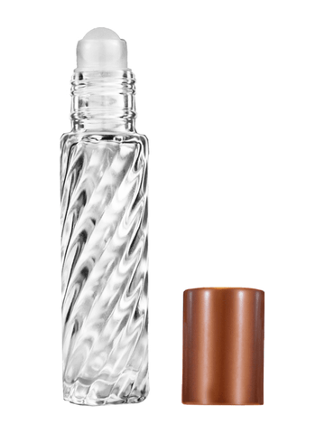 Cylinder swirl design 9ml,1/3 oz glass bottle with plastic roller ball plug and matte copper cap.