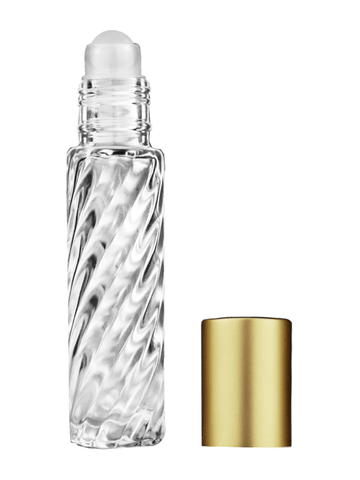 Cylinder swirl design 9ml,1/3 oz glass bottle with plastic roller ball plug and matte gold cap.