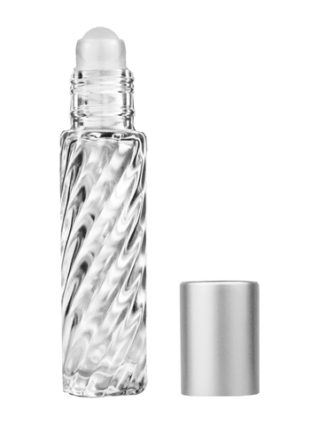 Cylinder swirl design 9ml,1/3 oz glass bottle with plastic roller ball plug and matte silver cap.