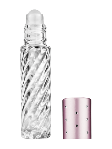 Cylinder swirl design 9ml,1/3 oz glass bottle with plastic roller ball plug and pink dot cap.