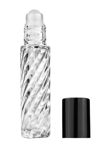 Cylinder swirl design 9ml,1/3 oz glass bottle with plastic roller ball plug and shiny black cap.