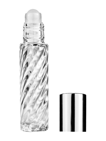 Cylinder swirl design 9ml,1/3 oz glass bottle with plastic roller ball plug and shiny silver cap.