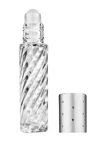 Cylinder swirl design 9ml,1/3 oz glass bottle with plastic roller ball plug and silver dot cap.