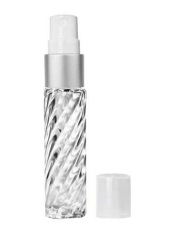 Cylinder swirl design 9ml,1/3 oz glass bottle with fine mist sprayer with matte silver trim and plastic overcap.
