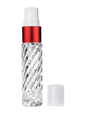 Cylinder swirl design 9ml,1/3 oz glass bottle with fine mist sprayer with red trim and plastic overcap.