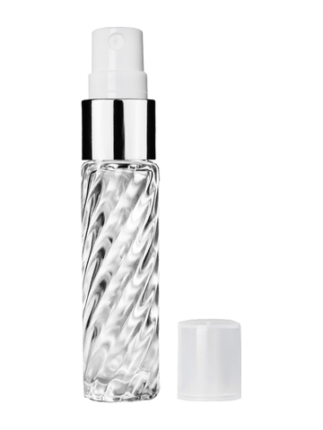Cylinder swirl design 9ml,1/3 oz glass bottle with fine mist sprayer with shiny silver trim and plastic overcap.