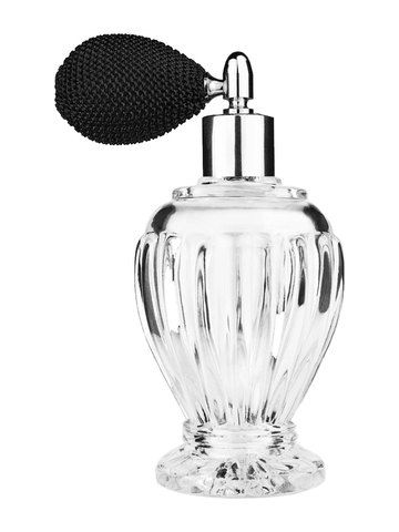 Diva design 100 ml, 3 1/2oz  clear glass bottle  with black vintage style bulb sprayer with shiny silver collar cap.