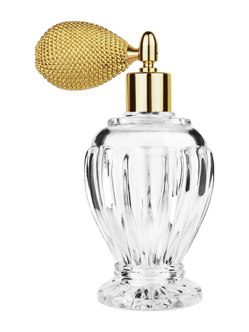 Diva design 100 ml, 3 1/2oz  clear glass bottle  with gold vintage style sprayer with shiny gold collar cap.