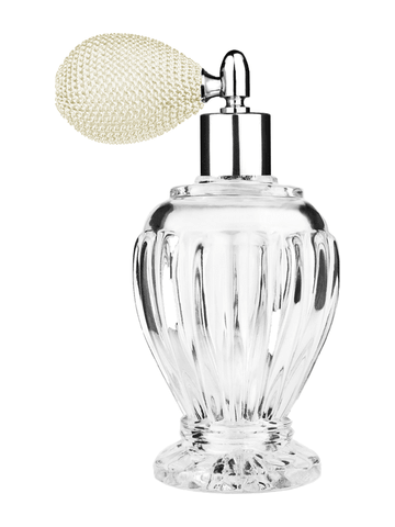 Diva design 100 ml, 3 1/2oz  clear glass bottle  with ivory vintage style bulb sprayer with shiny silver collar cap.