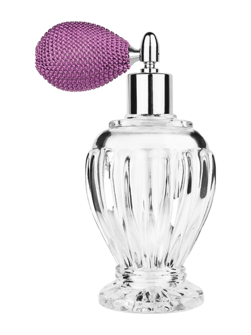 Diva design 100 ml, 3 1/2oz  clear glass bottle  with lavender vintage style bulb sprayer with shiny silver collar cap.