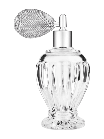 Diva design 100 ml, 3 1/2oz  clear glass bottle  with matte silver vintage style sprayer with matte silver collar cap.