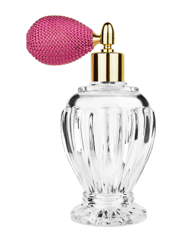 ***OUT OF STOCK***Diva design 100 ml, 3 1/2oz  clear glass bottle  with pink vintage style bulb sprayer with shiny gold collar cap.