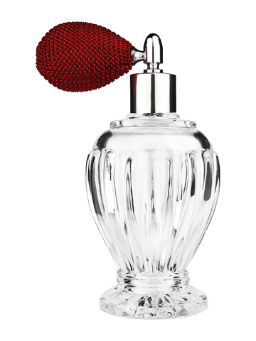 Diva design 100 ml, 3 1/2oz  clear glass bottle  with red vintage style bulb sprayer with shiny silver collar cap.