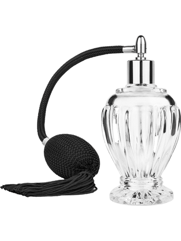 Diva design 100 ml, 3 1/2oz  clear glass bottle  with Black vintage style bulb sprayer with tassel with shiny silver collar cap.