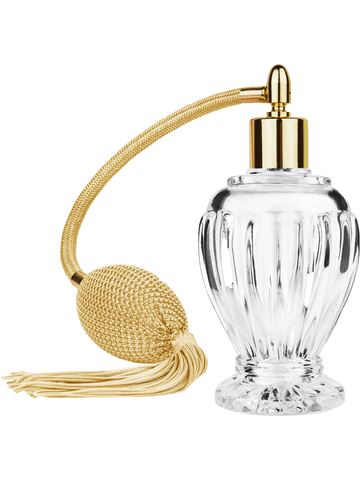 Diva design 100 ml, 3 1/2oz  clear glass bottle  with Gold vintage style bulb sprayer with tassel with shiny gold collar cap.