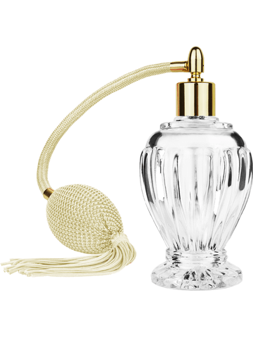 Diva design 100 ml, 3 1/2oz  clear glass bottle  with Ivory vintage style bulb sprayer with tassel with shiny gold collar cap.