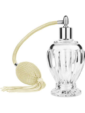 Diva design 100 ml, 3 1/2oz  clear glass bottle  with Ivory vintage style bulb sprayer with tassel with shiny silver collar cap.