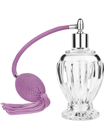 Diva design 100 ml, 3 1/2oz  clear glass bottle  with Lavender vintage style bulb sprayer with tassel with shiny silver collar cap.